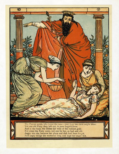 And Down She Falls in Death-like Sleep, from The Blue Beard Picture Book, pub. 1879 by Walter Crane